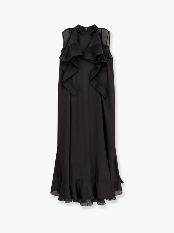 Long dress with voile inserts and ruffles