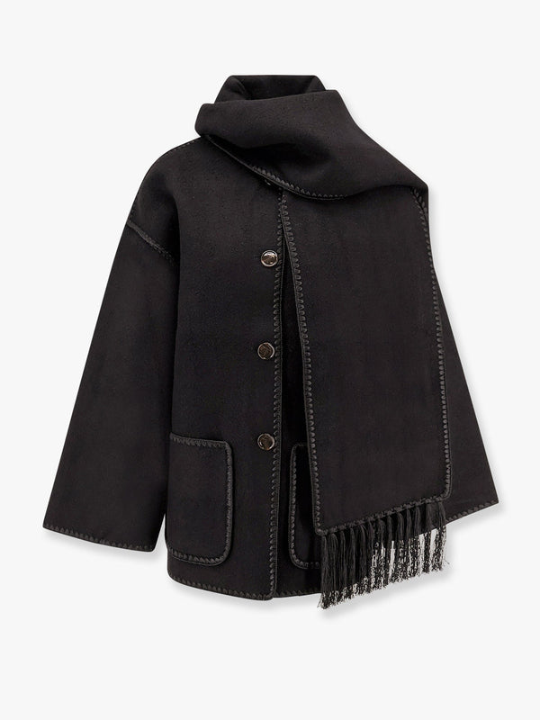 Wool blend coat with embroidery and scarf