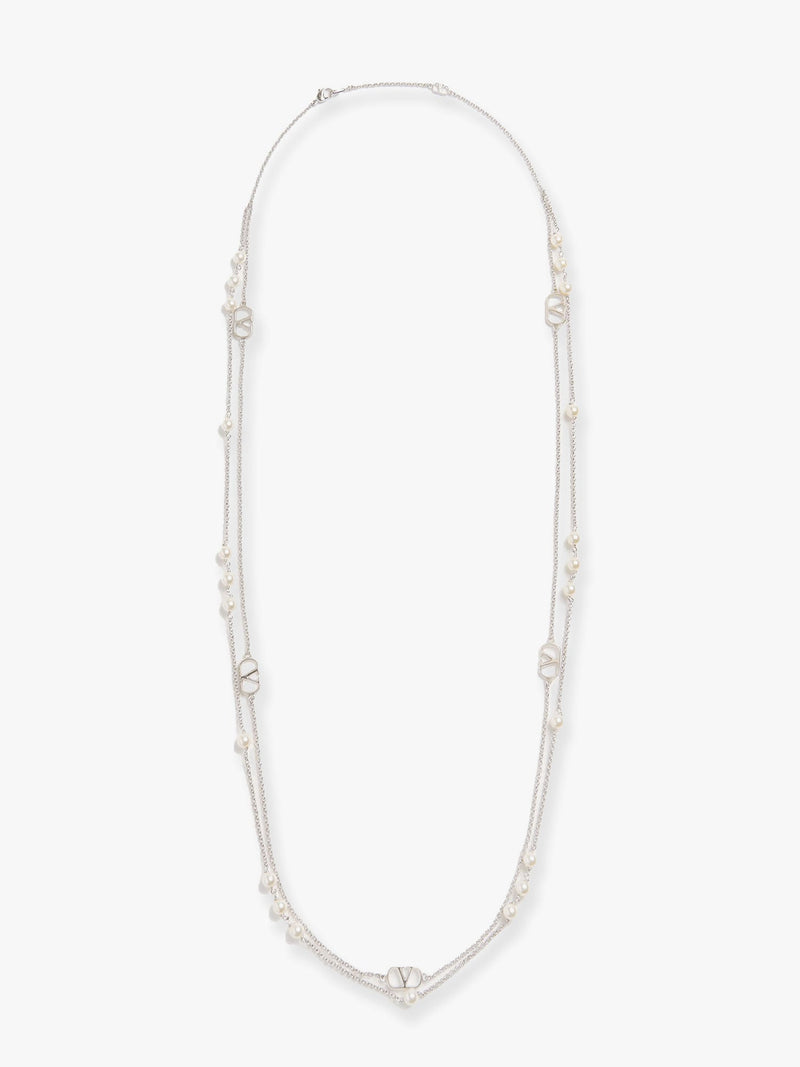 Valentino Garavani Valentino Garavani Vlogo Signature Metal Necklace With Pearls - World Class Fashion