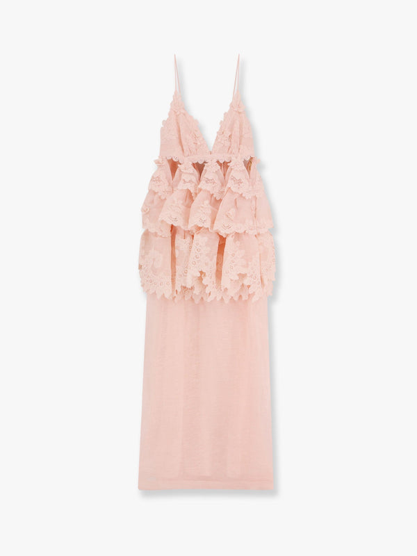 Linen and silk long dress with embroidered flounces