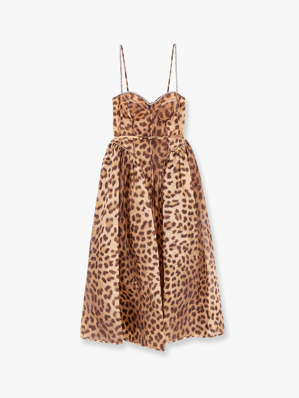 Linen and silk midi dress with animalier print