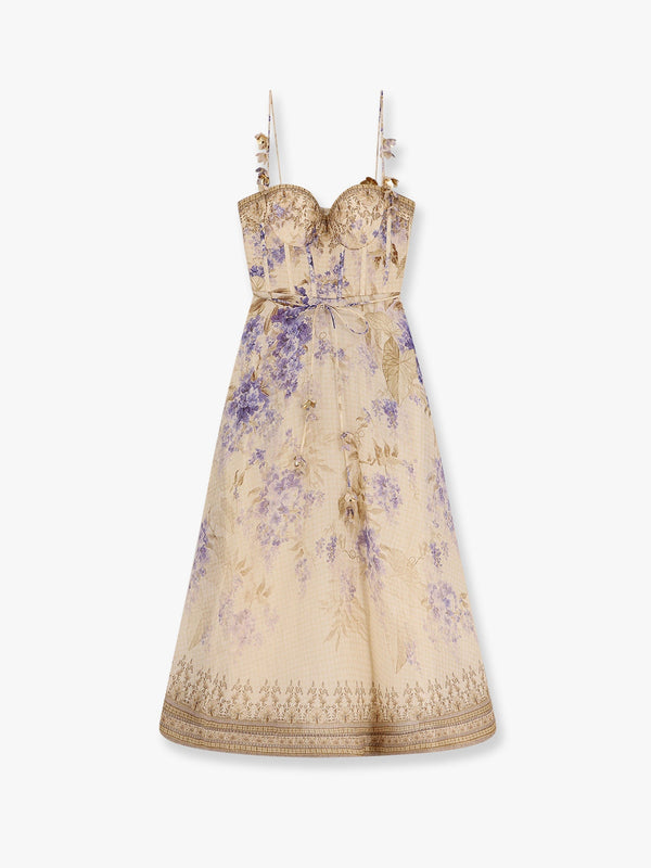 Dawning linen and silk dress with multicolor print