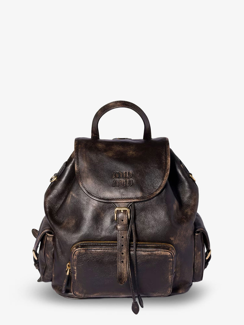 Miu Miu Miu Miu Leather Backpack Vintage Effect Brown - World Class Fashion