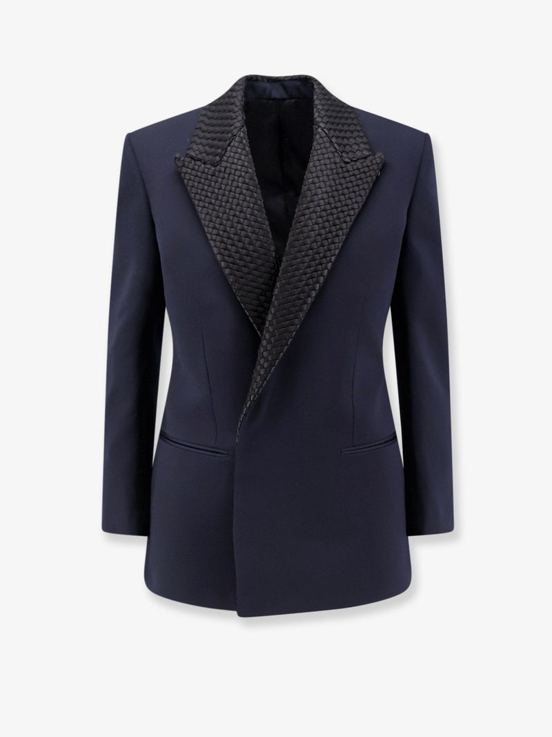Bottega Veneta Bottega Veneta Wool Blazer with Intrecciato Detail Blue - World Class Fashion