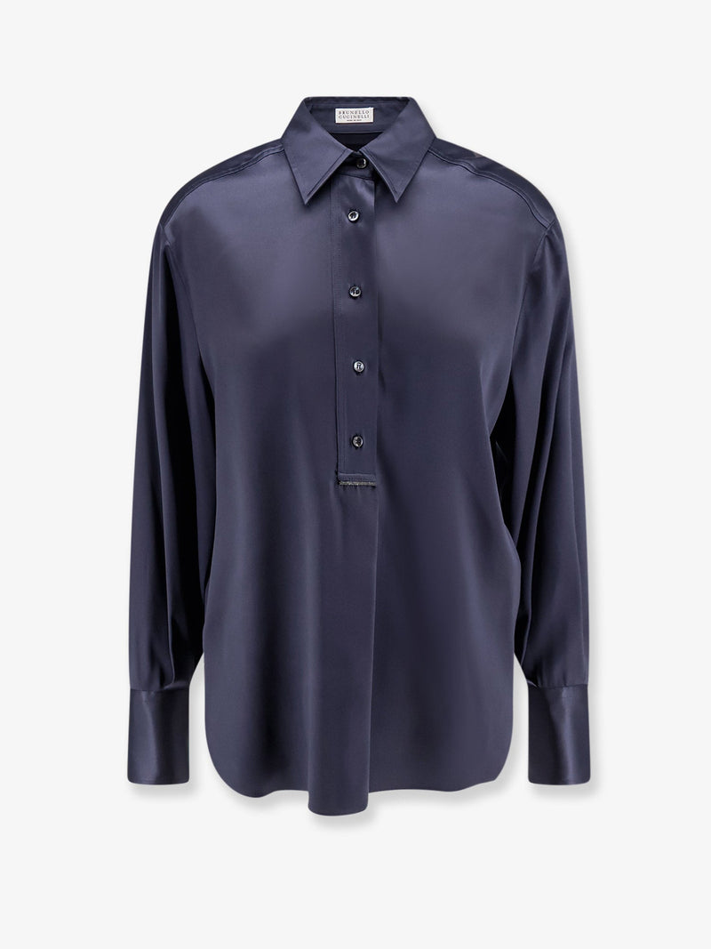 Brunello Cucinelli Brunello Cucinelli Silk Shirt with Monili Detail Blue - World Class Fashion