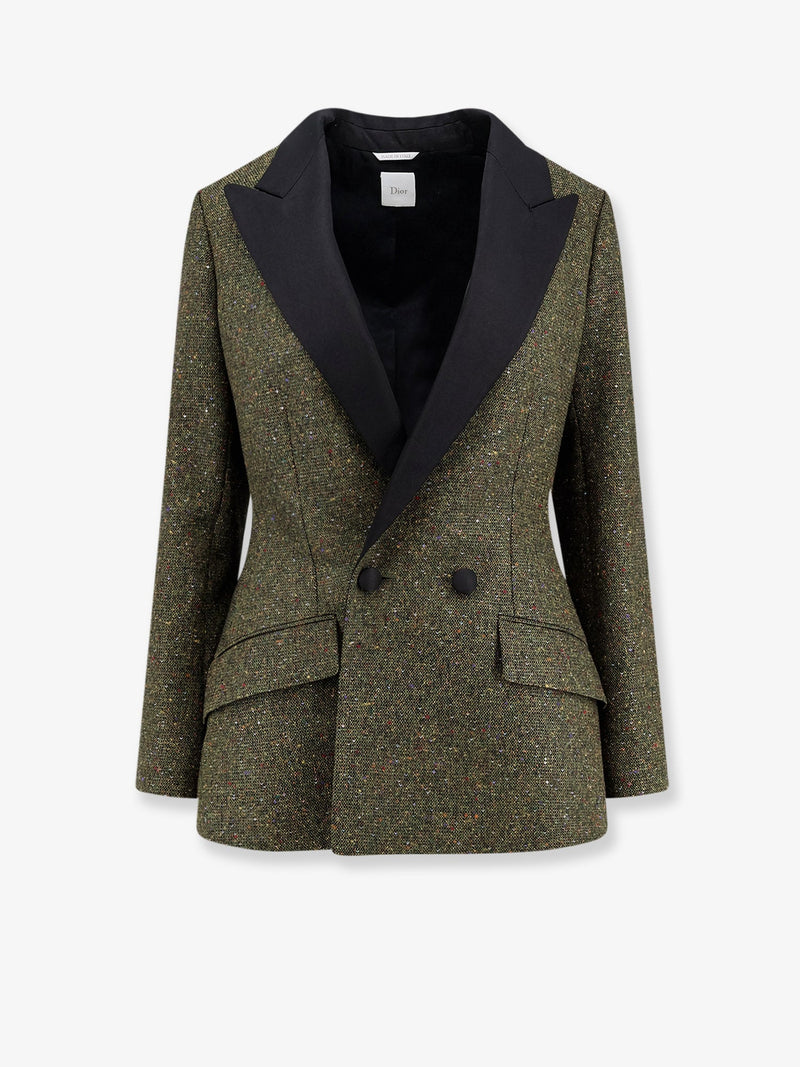Dior Blazer Dior entallado de tweed de seda y lana verde - World Class Fashion