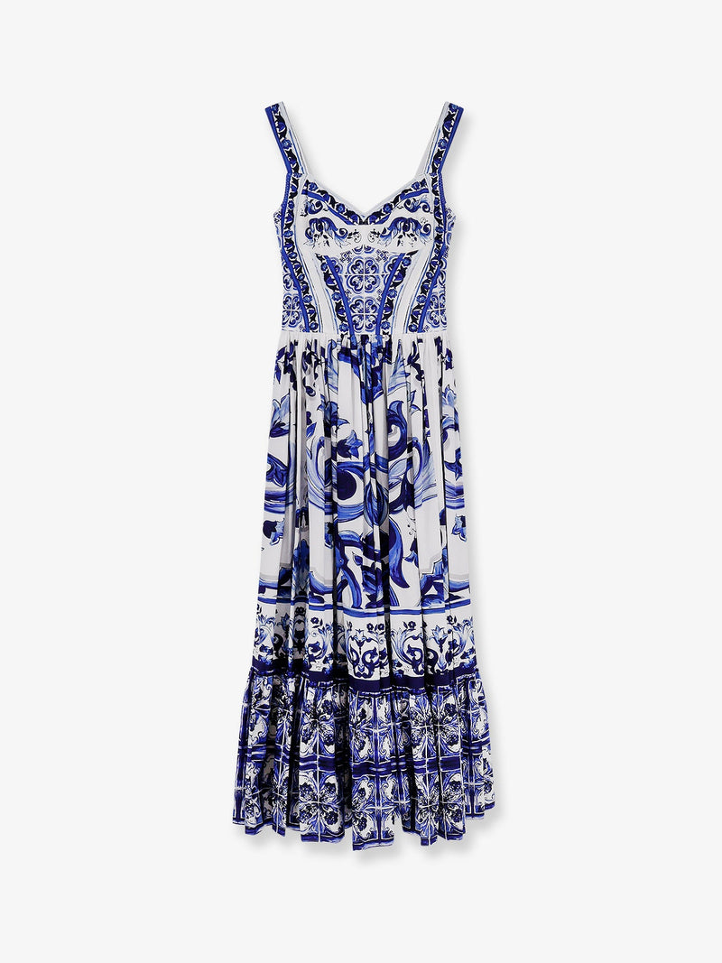 Dolce & Gabbana Dolce & Gabbana Vestido largo de algodón con estampado de mayólica azul - World Class Fashion