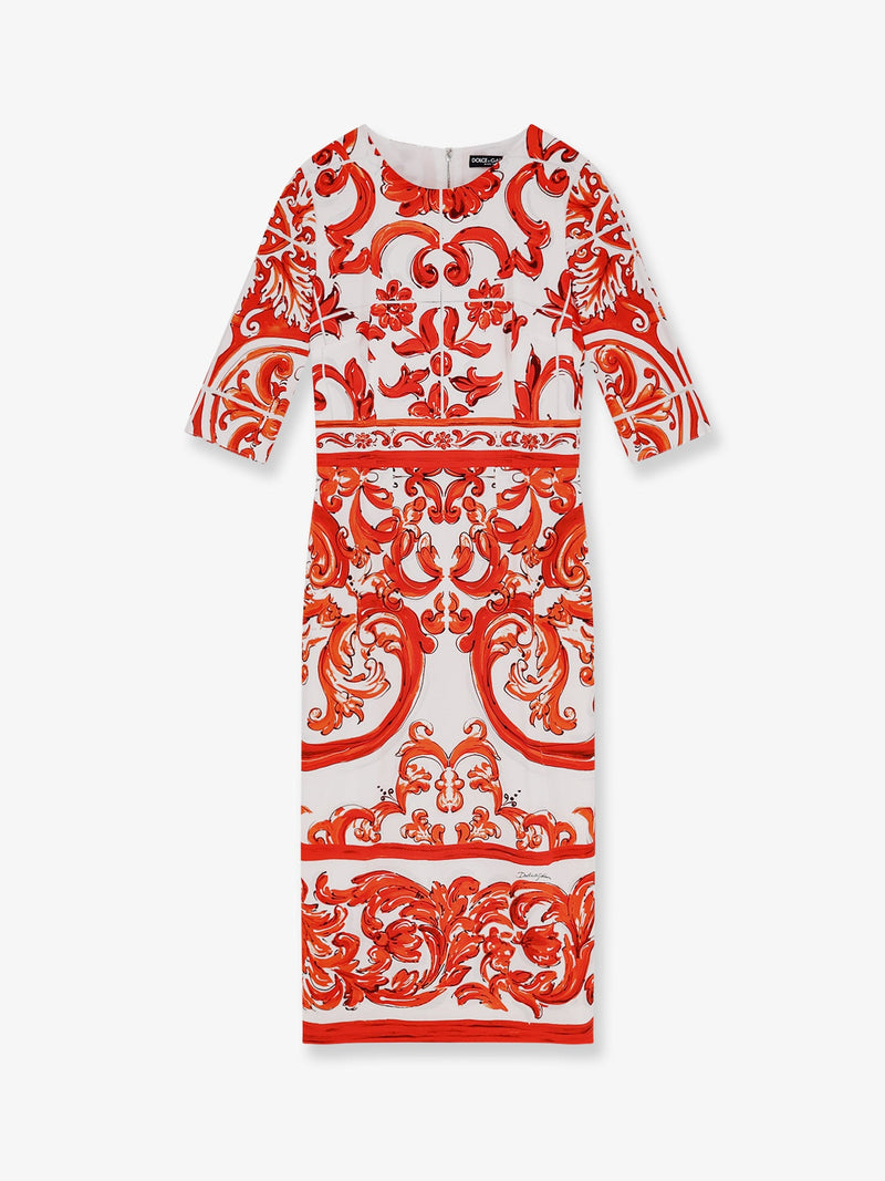 Dolce & Gabbana Dolce & Gabbana Vestido largo de seda con estampado de mayólica naranja - World Class Fashion