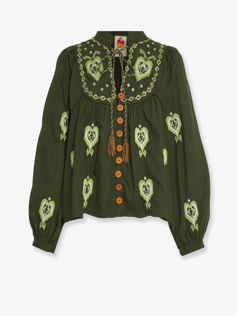 Farm Rio Farm Rio Embroidered Puff Sleeve Shirt Green - World Class Fashion