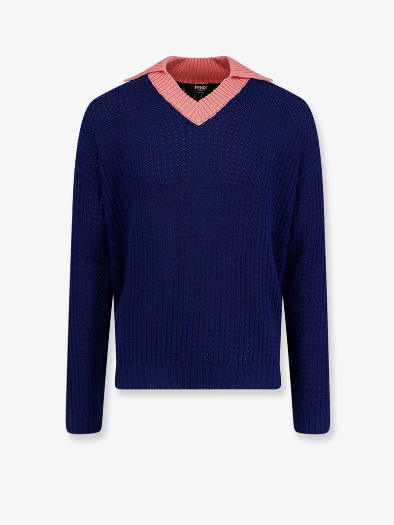 Fendi Fendi Cotton Sweater with Contrasting Collar Blue - World Class Fashion