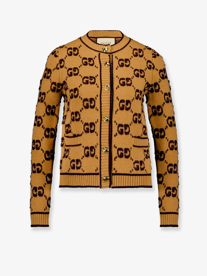 Gucci Gucci Wool Cardigan with GG Inlay Brown - World Class Fashion