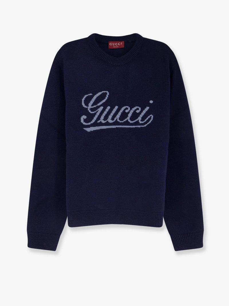 Gucci Suéter de lana Gucci con logo bordado azul para hombre - World Class Fashion