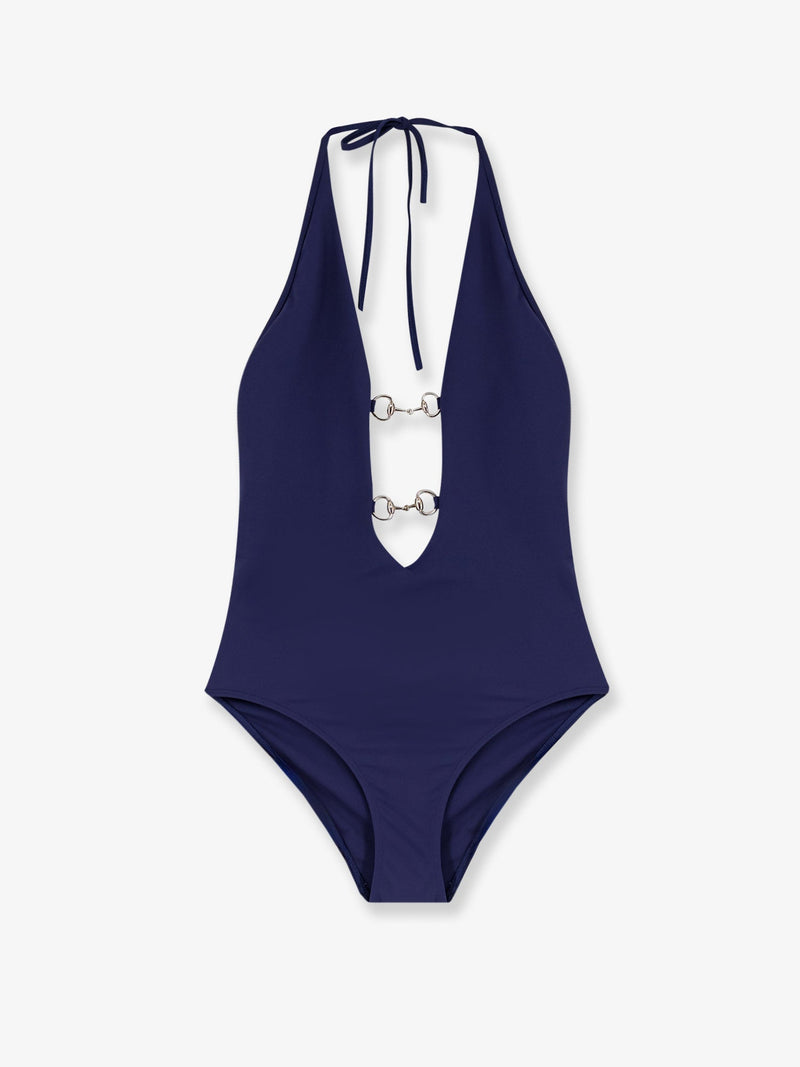 Gucci Gucci One-Piece Swimsuit with Horsebit Details Blue - World Class Fashion