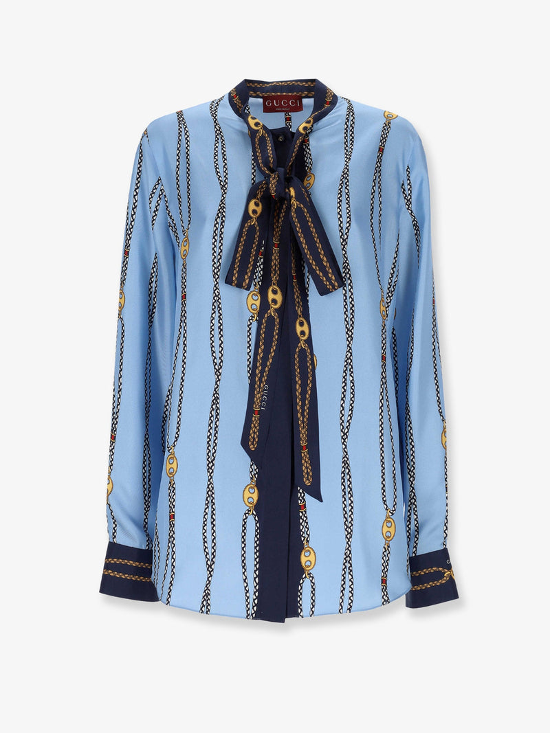 Gucci Gucci Printed Silk Twill Shirt Blue - World Class Fashion