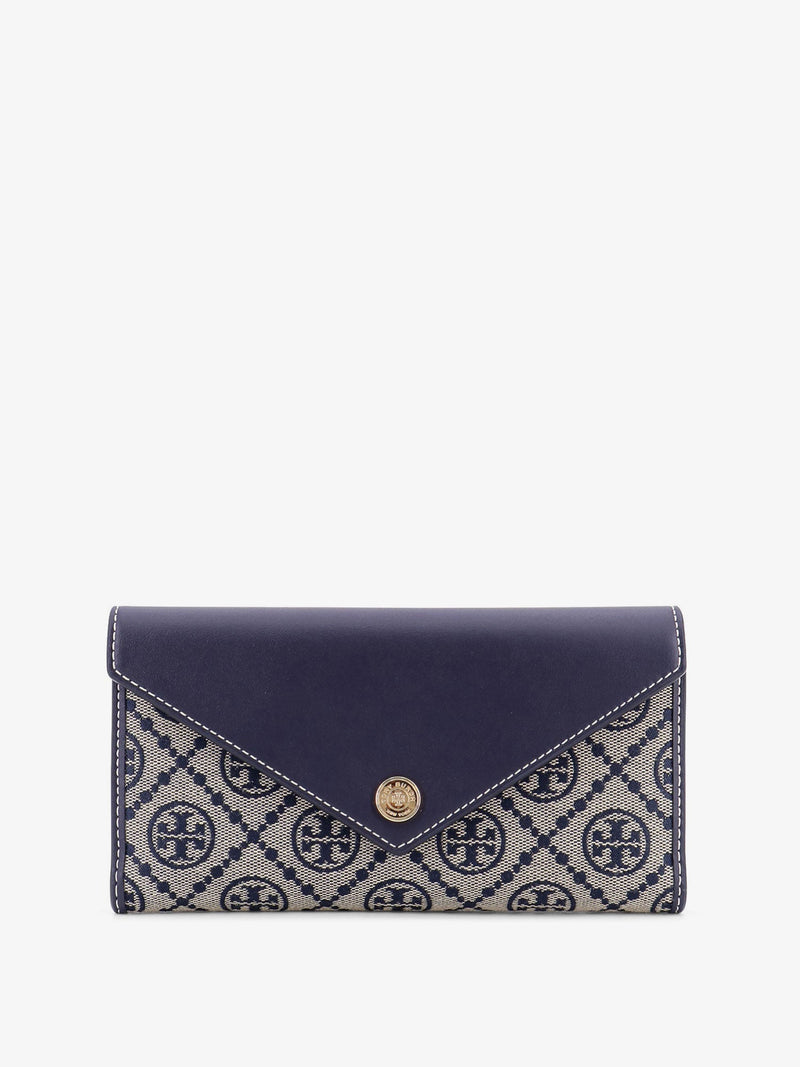 Tory Burch Tory Burch Leather and T Monogram Fabric Wallet Blue - World Class Fashion