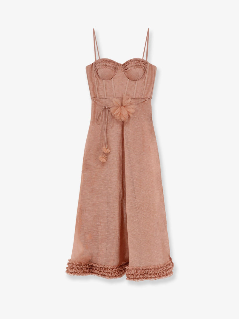 Zimmermann Zimmermann Luna Silk and Linen Blend Midi Dress Pink - World Class Fashion
