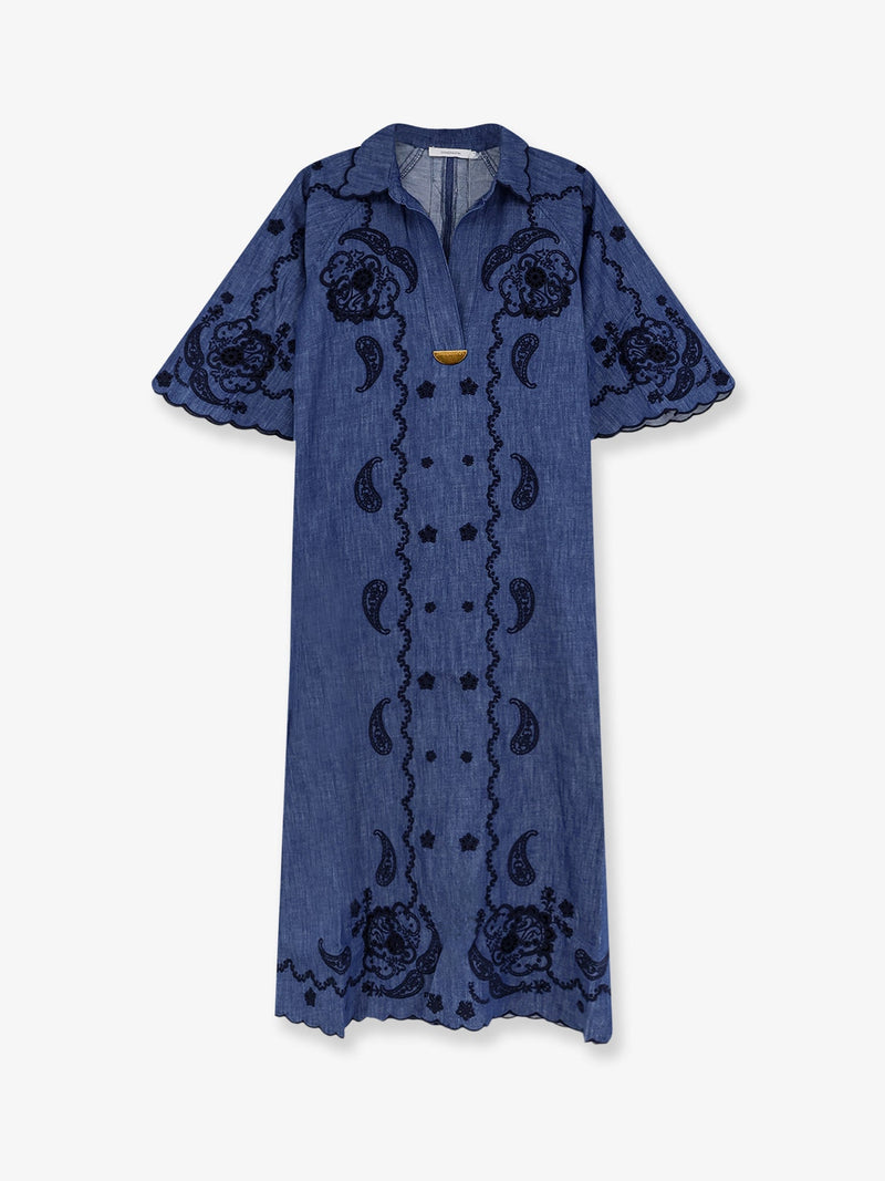 Zimmermann Zimmermann Aster Long Denim Dress Blue with Embroidery - World Class Fashion