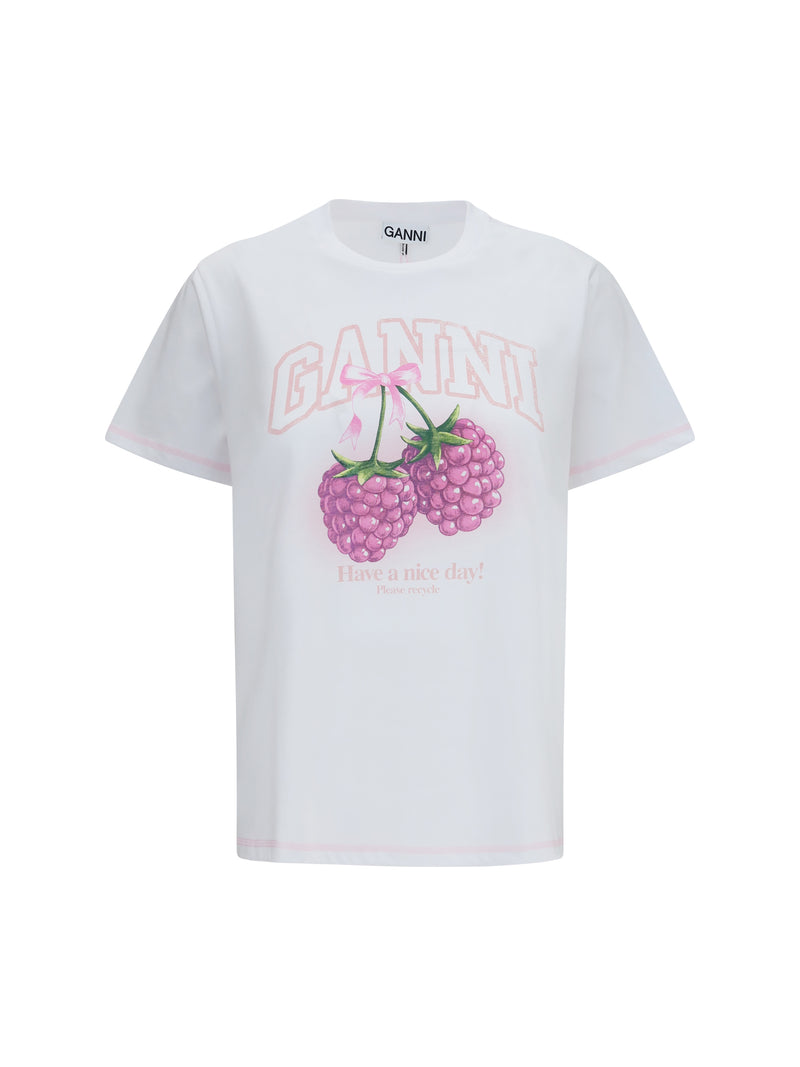 Ganni Ganni Cotton Raspberry T-shirt Bright White - World Class Fashion