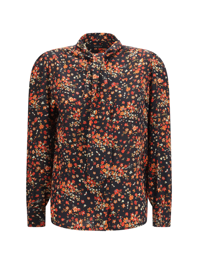 Gucci Gucci Silk Flora Print Shirt Black/Red with Neck Bow - World Class Fashion