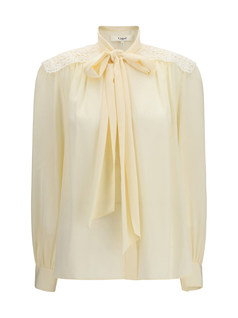 Chloe Chloé Bow Blouse With Embroidered Shoulders Pristine White - World Class Fashion