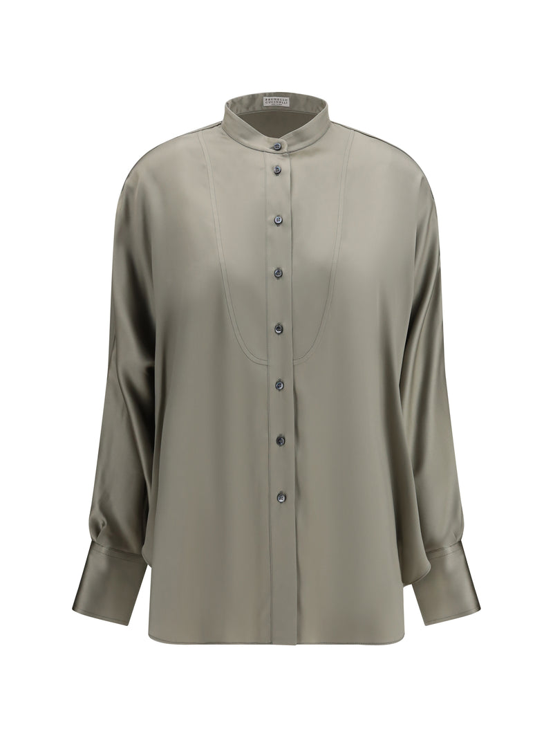 Brunello Cucinelli Brunello Cucinelli Silk Shirt with Monili Details Rosemary - World Class Fashion