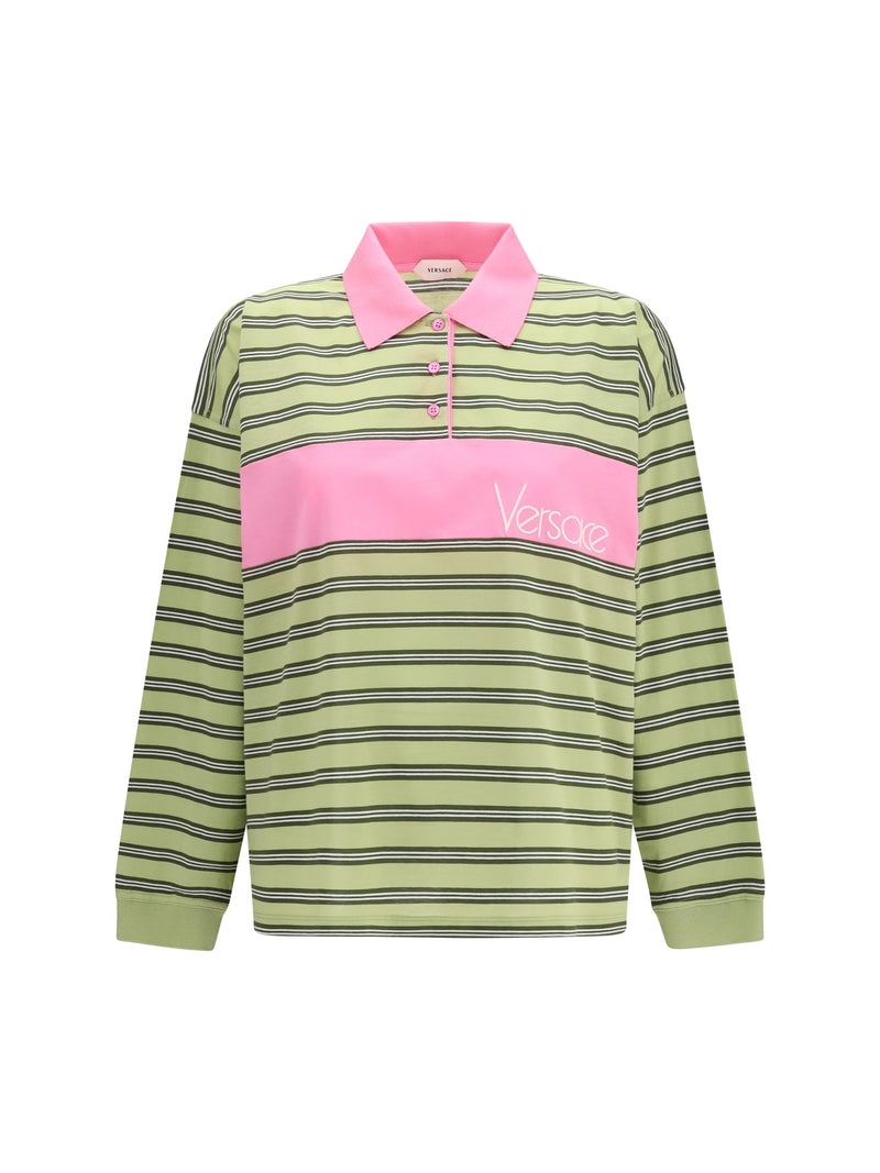 Versace Versace Striped Intarsia Cotton Polo Dusty Lime/Dark Olive - World Class Fashion