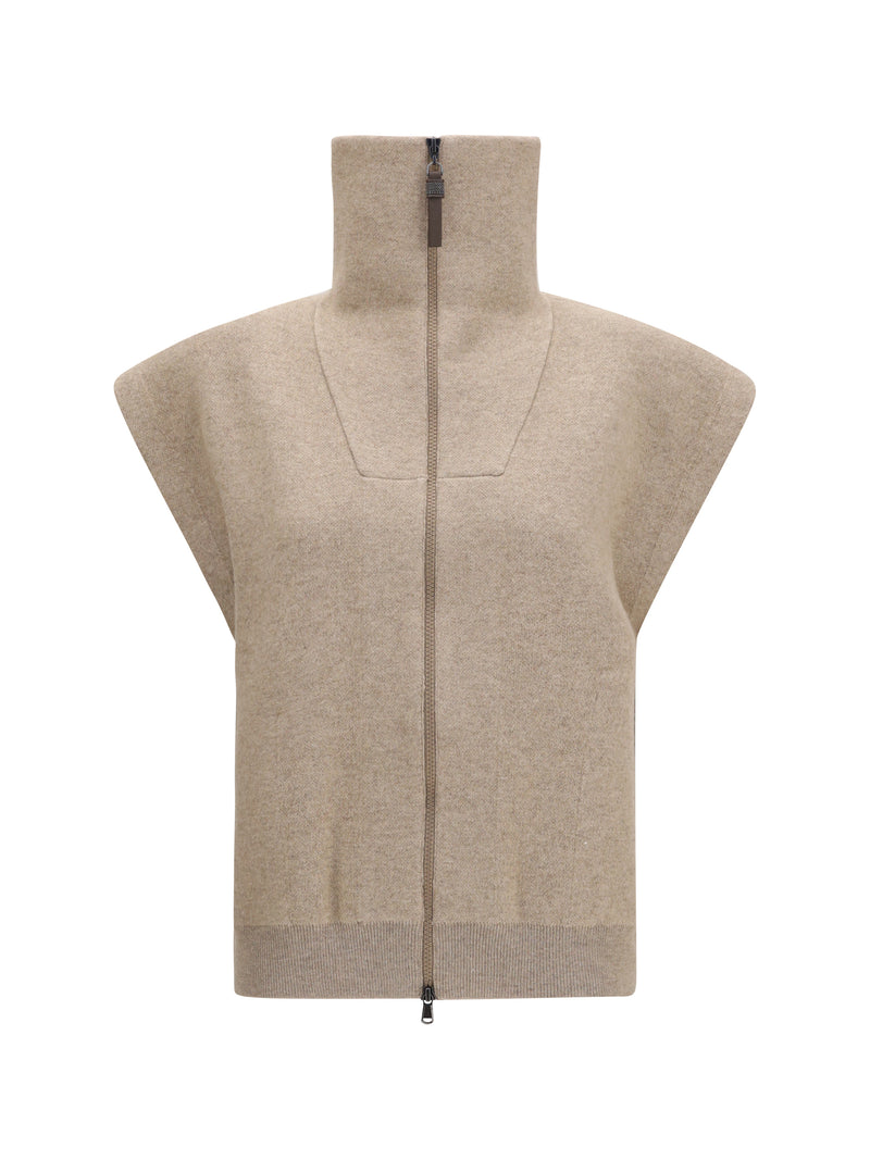 Brunello Cucinelli Brunello Cucinelli High-neck Zip Cardigan Brown - World Class Fashion