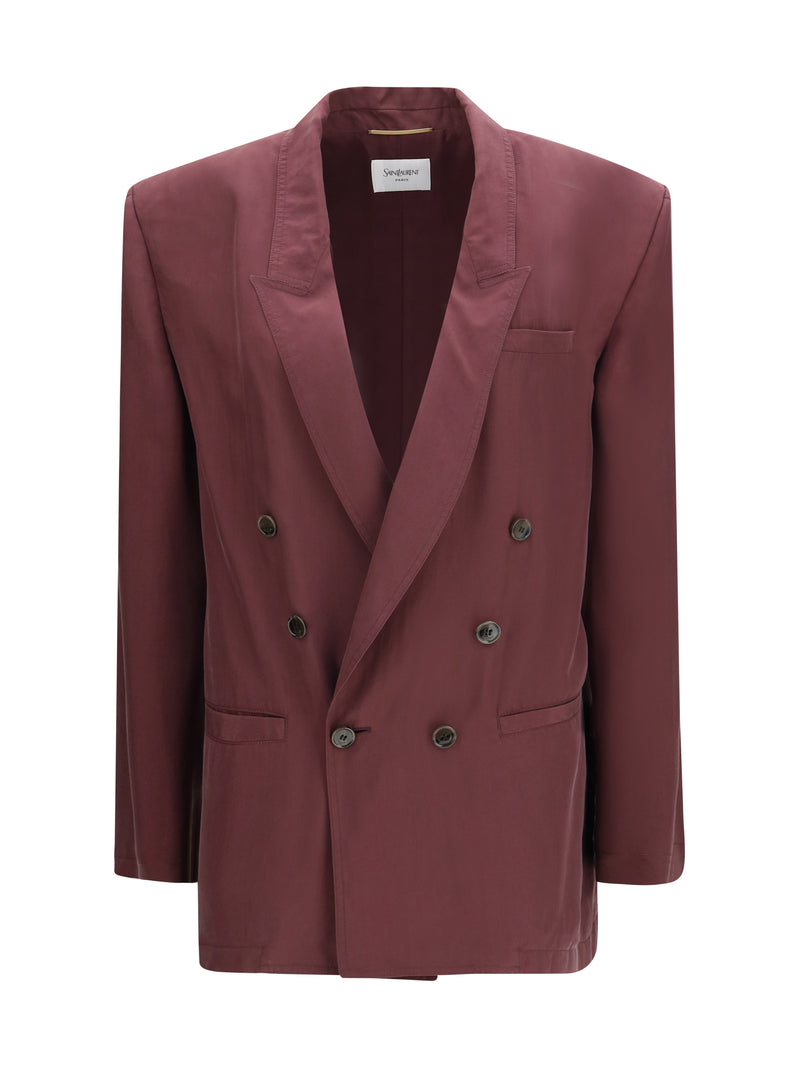 Saint Laurent Saint Laurent Double-breasted Fluid Silk Blazer Aubergine - World Class Fashion