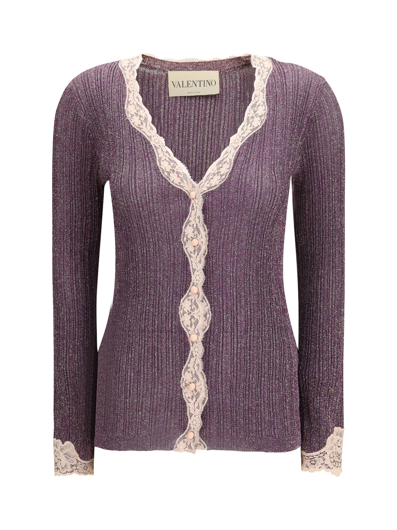 Valentino Valentino Lurex Knit Cardigan with Lace Aubergine/Gold - World Class Fashion