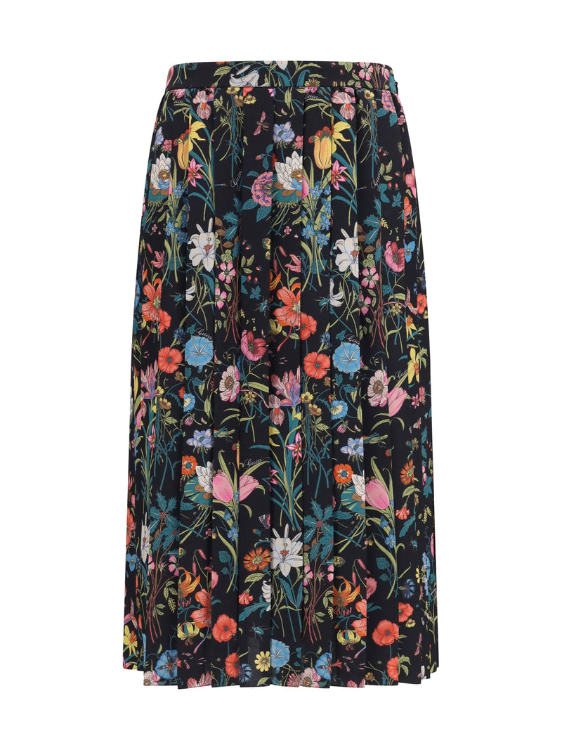 Gucci Gucci Flora Falda midi de seda estampada multicolor negra - World Class Fashion