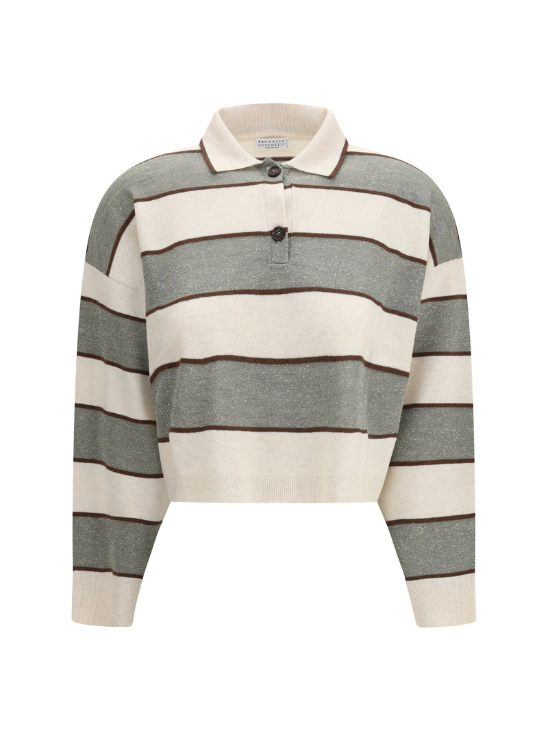 Brunello Cucinelli Brunello Cucinelli Polo Crop Sparkling Stripes Knit White Beige - World Class Fashion