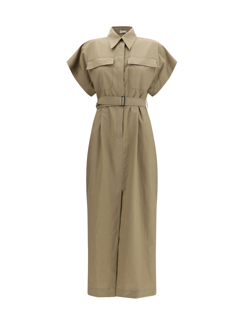 Brunello Cucinelli Brunello Cucinelli Pocket Belted Midi Dress Earth Brown - World Class Fashion