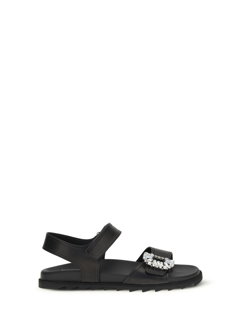 Roger Vivier Roger Vivier Leather Sandals with Crystal Buckle Black - World Class Fashion