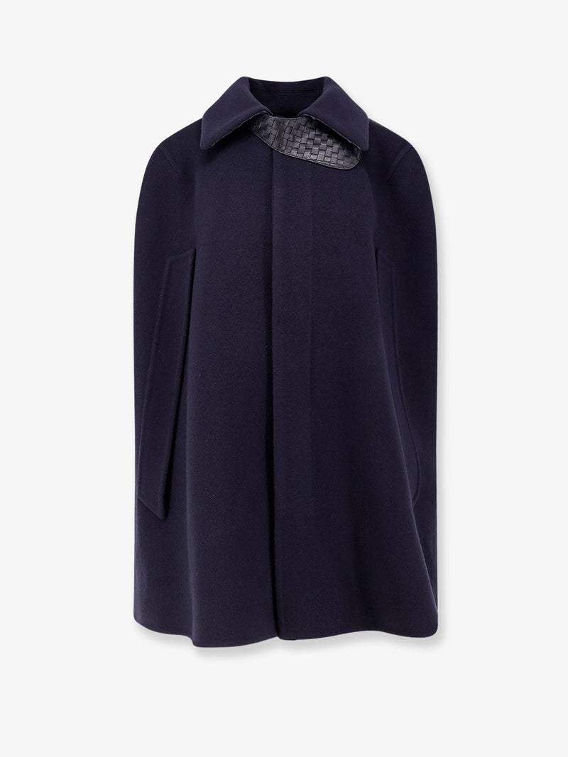Bottega Veneta Bottega Veneta Wool Cashmere Cape Blue with Leather Detail - World Class Fashion