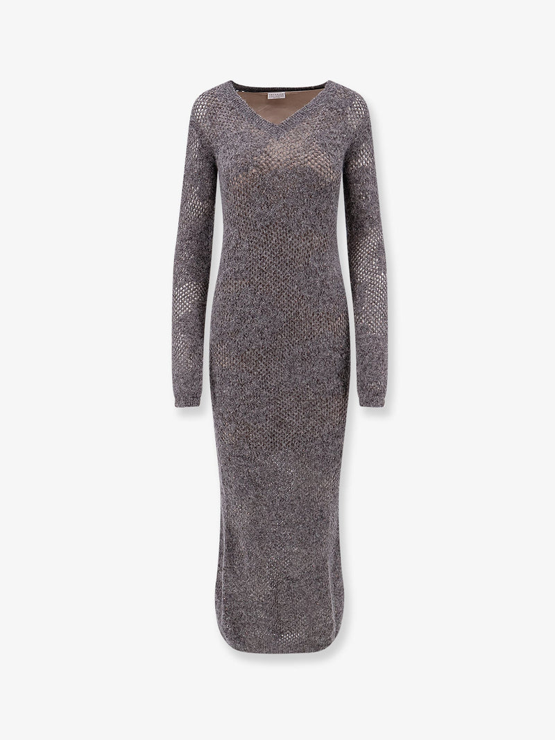 Brunello Cucinelli Brunello Cucinelli Flower Lace Mohair Wool Knit Dress Grey - World Class Fashion