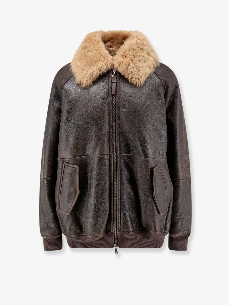 Brunello Cucinelli Brunello Cucinelli Leather Jacket with Shearling Collar Brown - World Class Fashion