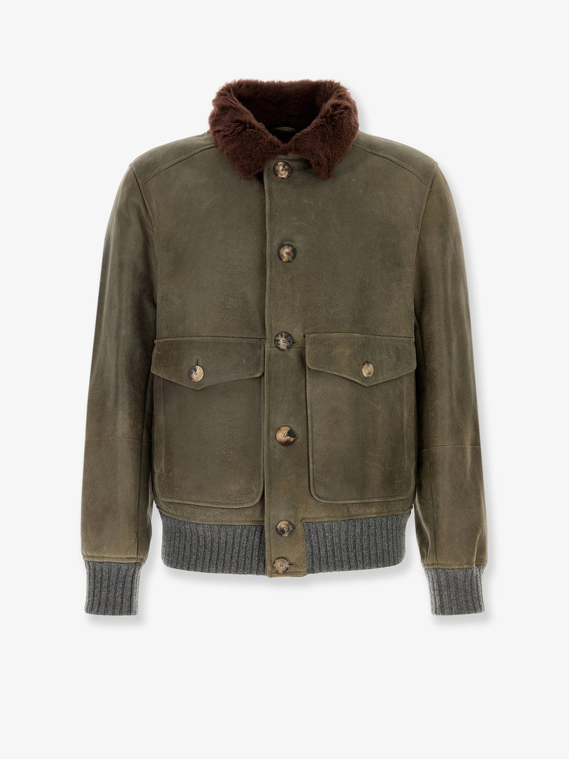Brunello Cucinelli Brunello Cucinelli Waxed Shearling Bomber Jacket Green - World Class Fashion