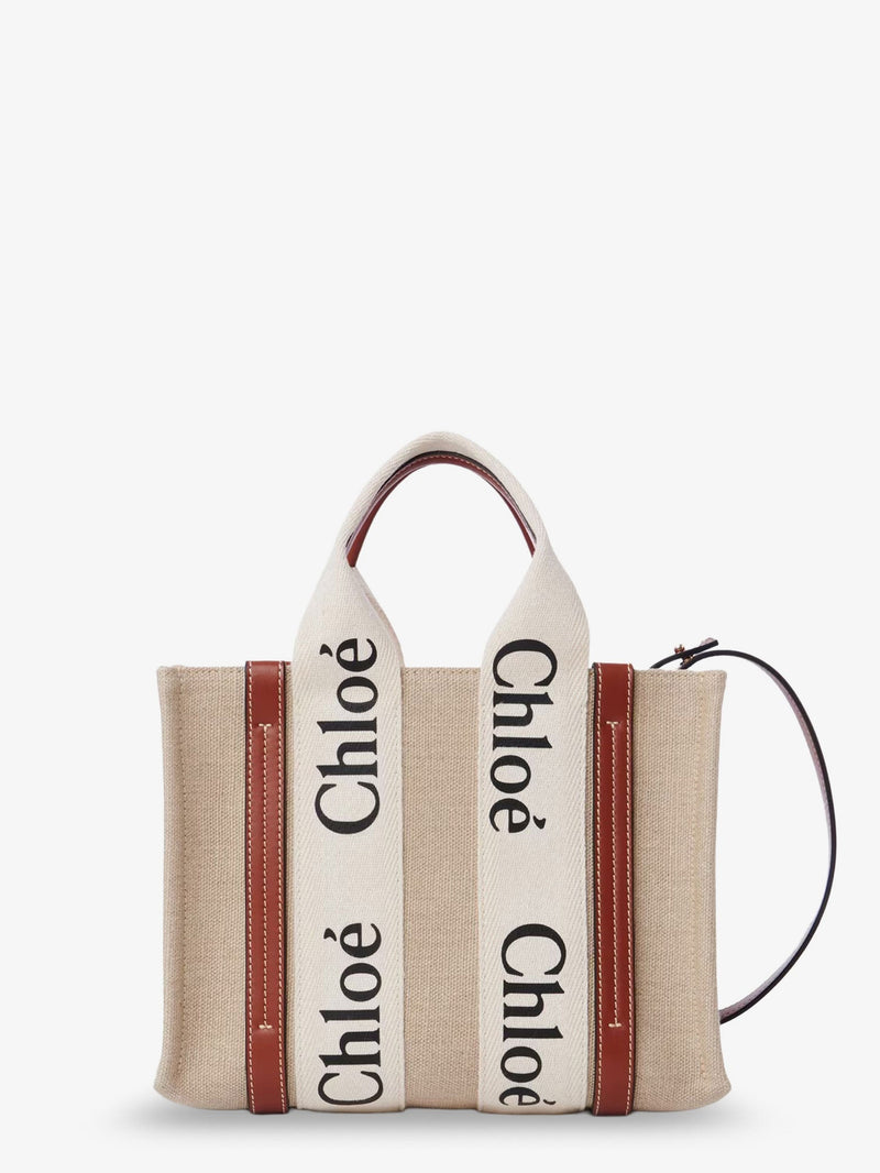 Chloe Chloe Woody Linen and Leather Crossbody Bag Beige - World Class Fashion