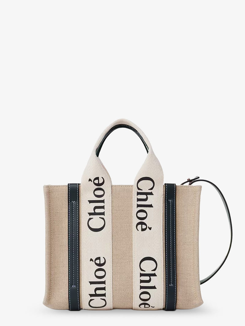Chloe Chloe Woody Linen Canvas and Leather Crossbody Bag Beige - World Class Fashion