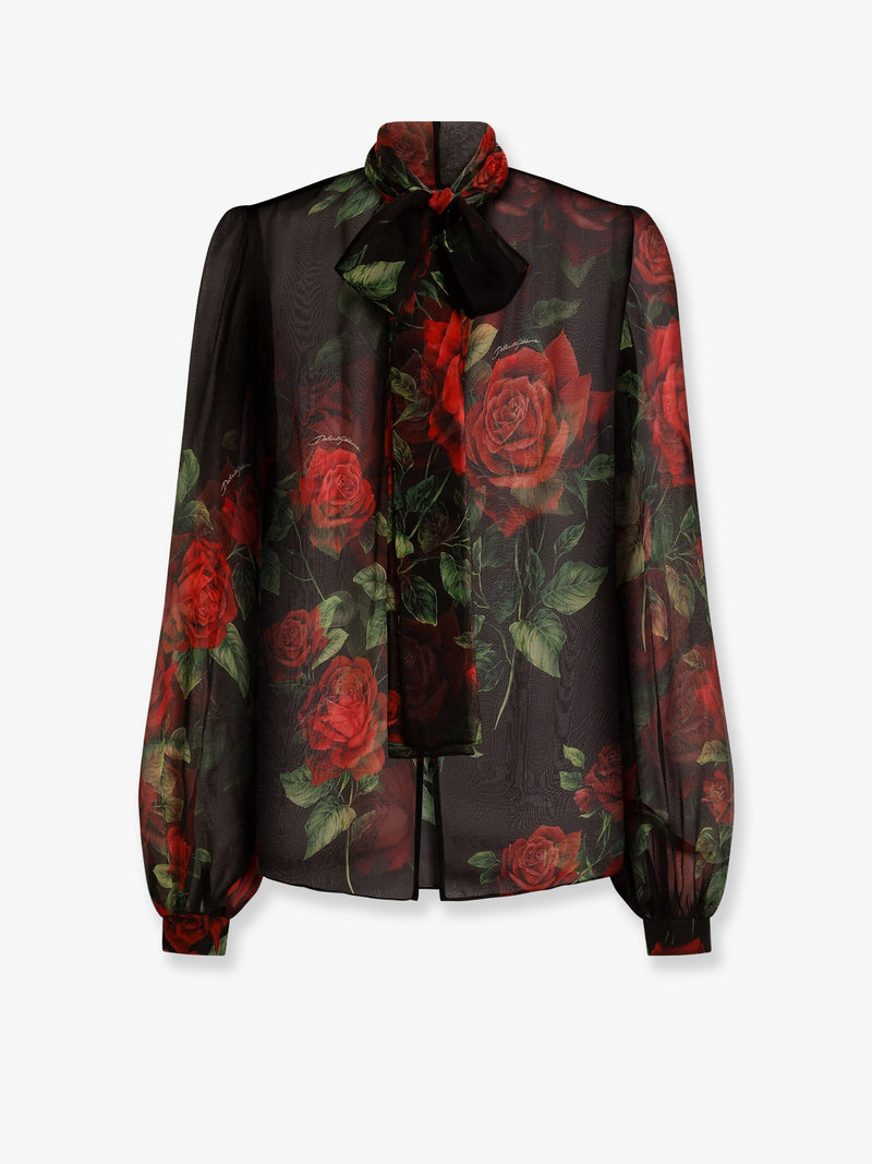 Dolce & Gabbana Dolce & Gabbana Chiffon Shirt with Rose Print Black - World Class Fashion