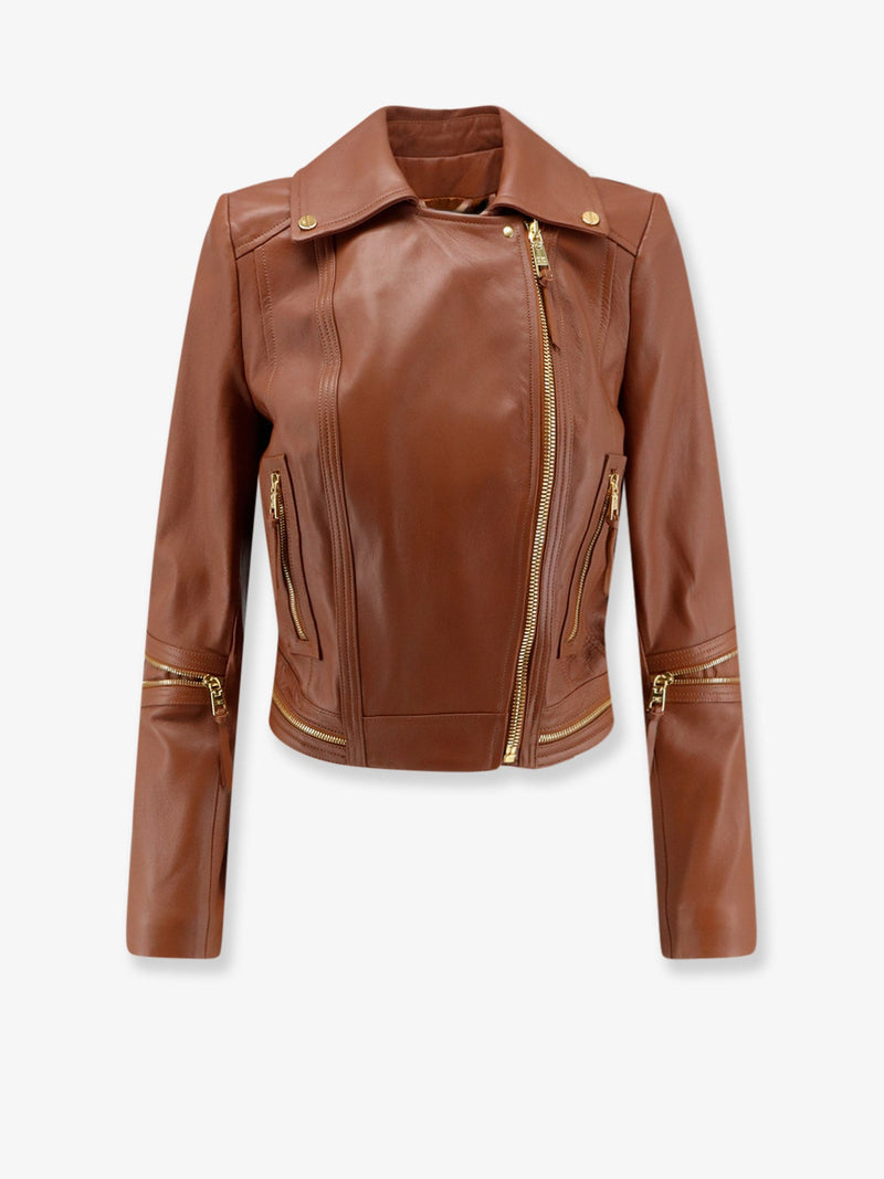 Elisabetta Franchi Elisabetta Franchi Leather Biker Jacket Brown - World Class Fashion