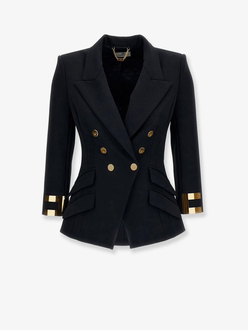 Elisabetta Franchi Elisabetta Franchi Double-Breasted Blazer With Monogram Gold Metal Details - World Class Fashion