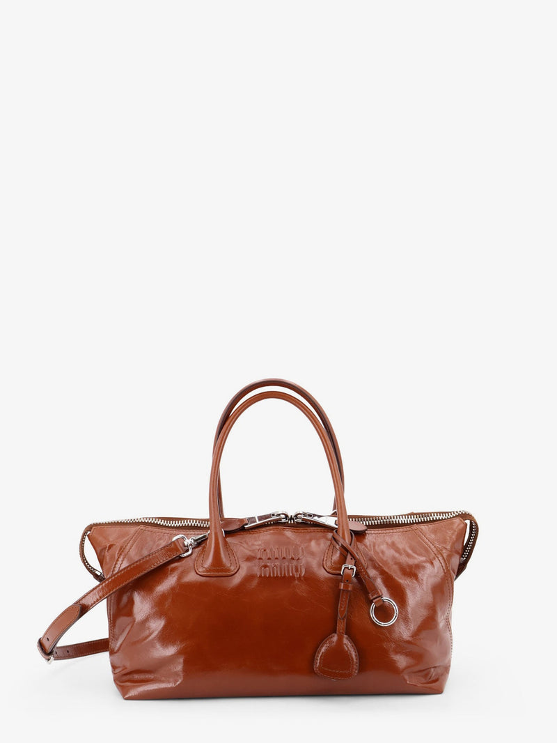 Miu Miu Miu Miu Shiny Leather Crossbody Bag Brown - World Class Fashion