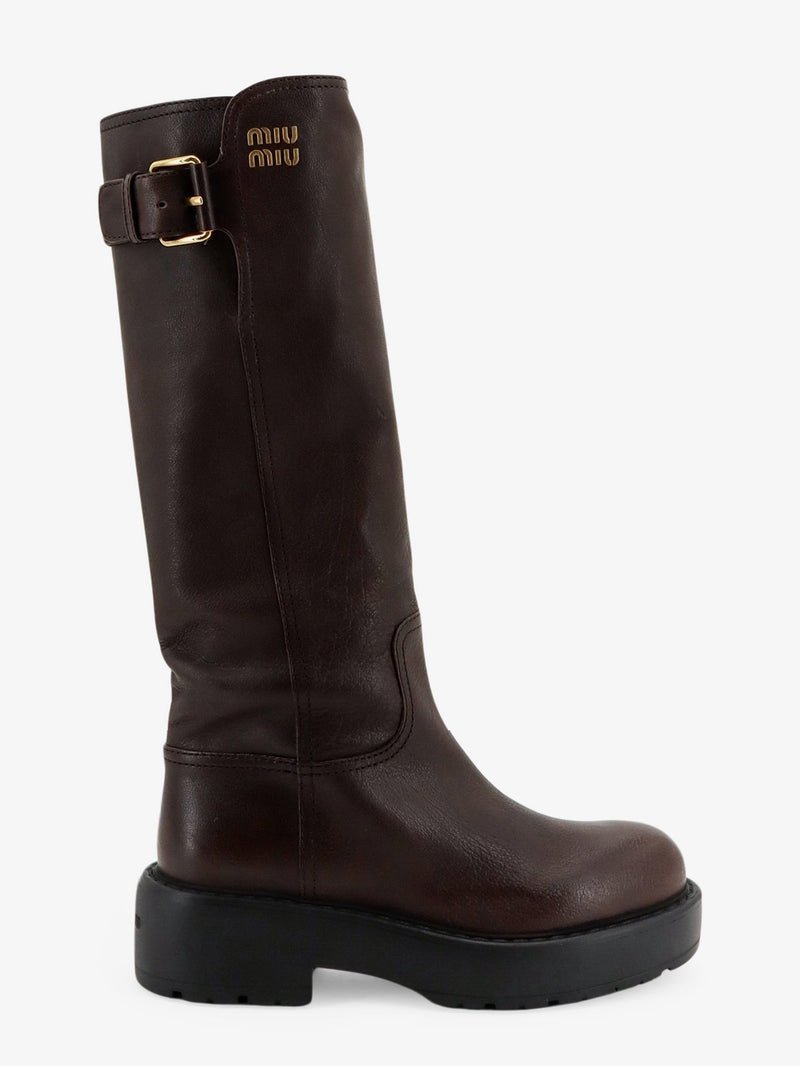 Miu Miu Miu Miu Leather Boots with Embossed Logo Brown - World Class Fashion