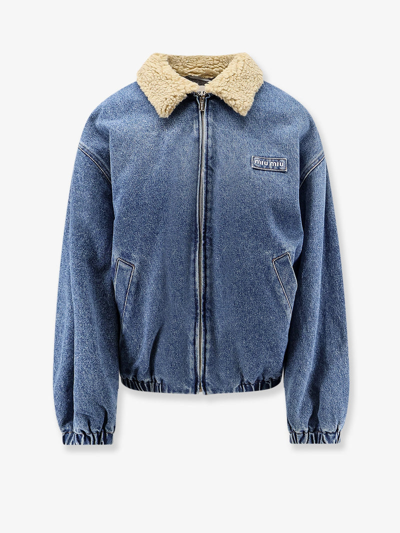 Miu Miu Miu Miu Denim Jacket With Lettering Logo Patch Blue - World Class Fashion
