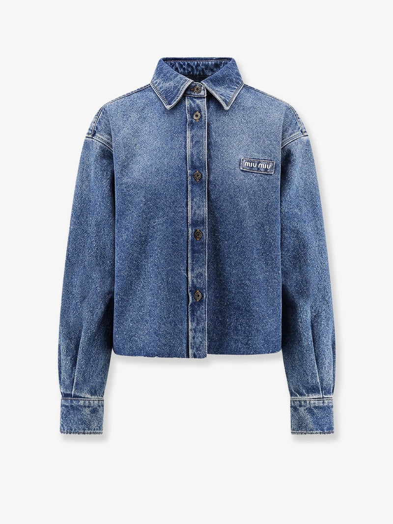Miu Miu Miu Miu Denim Shirt with Logo Patch Blue - World Class Fashion