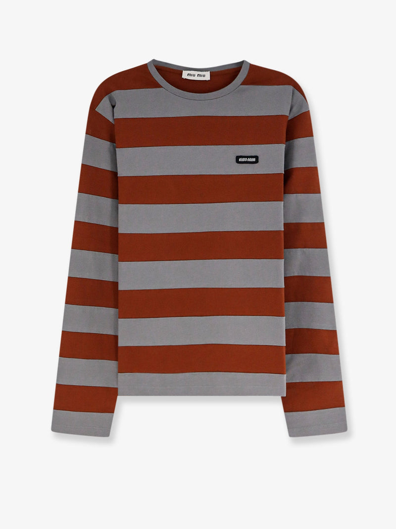 Miu Miu Miu Miu Cotton T-Shirt with Striped Pattern Brown - World Class Fashion