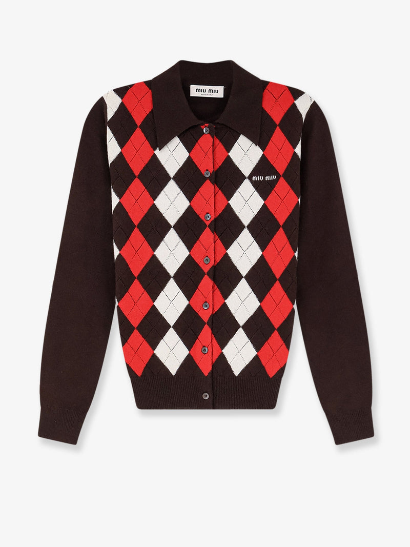 Miu Miu Miu Miu Diamond-Patterned Cashmere Cardigan Brown - World Class Fashion