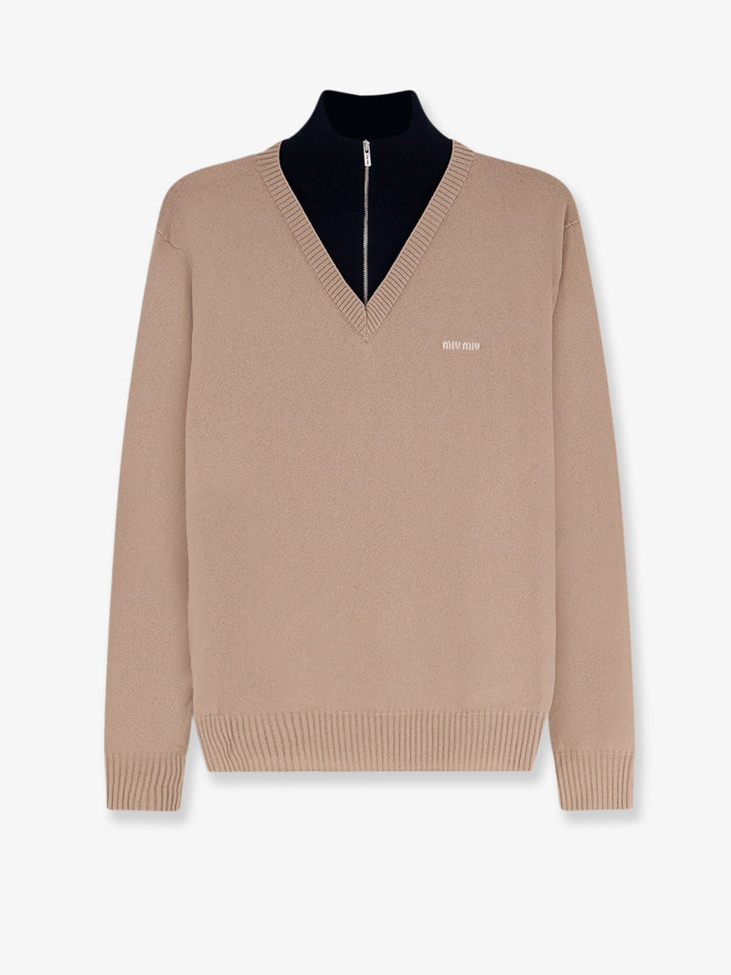 Miu Miu Miu Miu Cashmere Sweater with Logo Inlay Beige - World Class Fashion