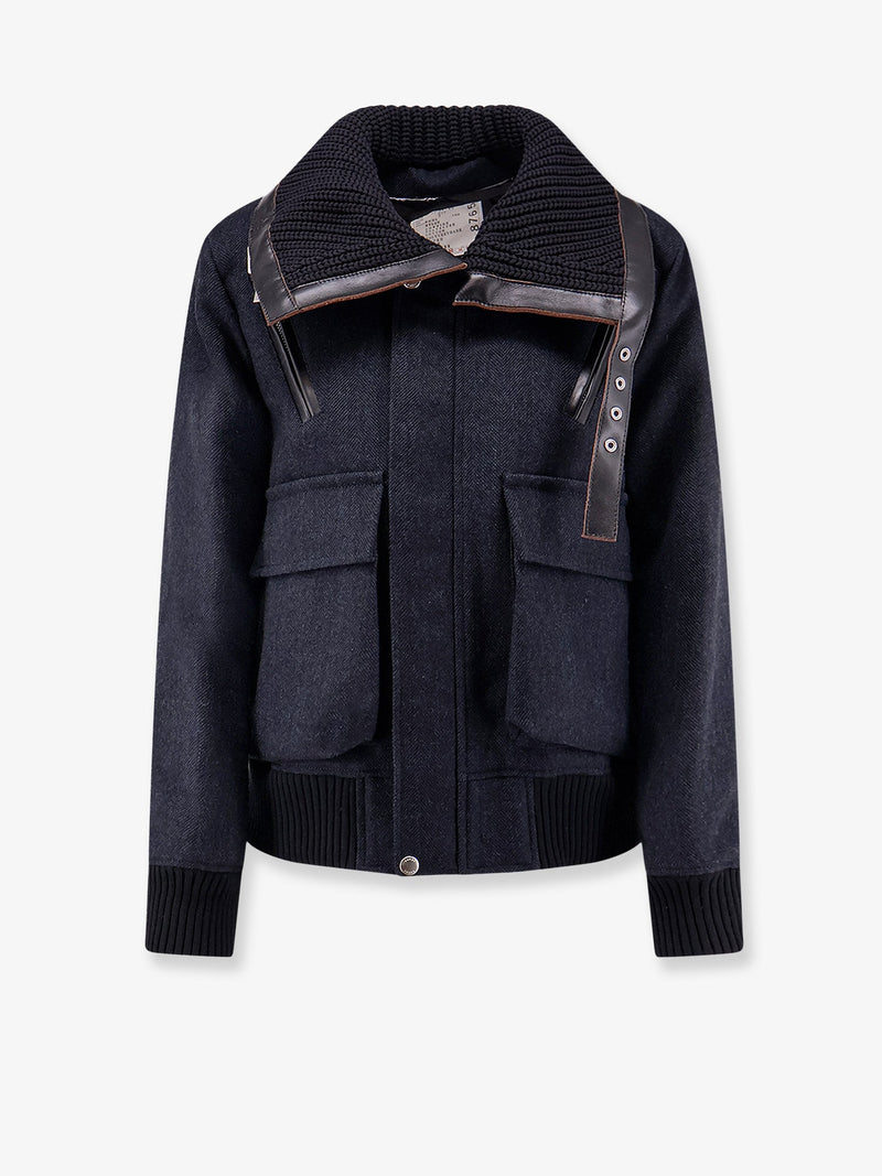 Sacai Sacai Herringbone Wool Padded Bomber Blue - World Class Fashion